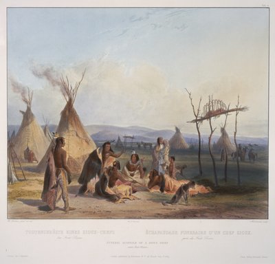 Begrafenissteiger van een Sioux-hoofdman nabij Fort Pierre, gegraveerd door J. Hurliman, gepubliceerd in 1839 door Karl Bodmer